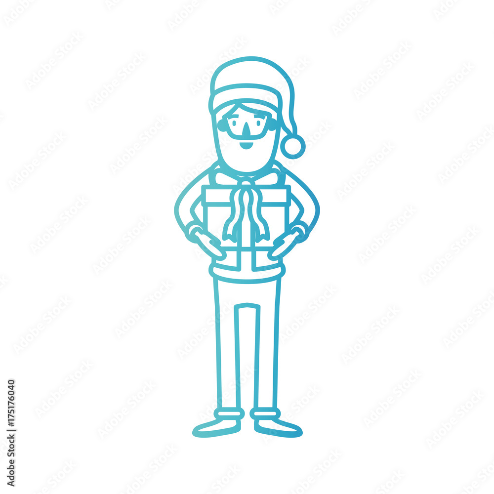 santa claus caricature full body with gift box with hat and costume on gradient color silhouette from blue to purple