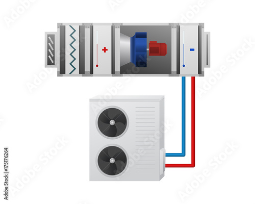 Air handling unit with heating, cooling unit, recuperator and chiller.