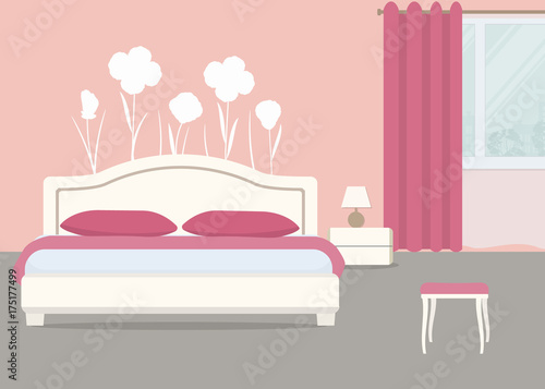 Bedroom in a pink color. There is a bed with pillows  a bedside table and a chair on a window background in the picture. There are also white flowers on the wall. Vector flat illustration.