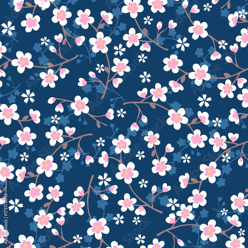 Wallpaper Mural Japanese cherry blossom pattern on blue backgroud Torontodigital.ca