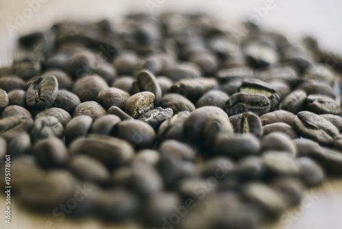 Coffee beans medium roast, fresh 100% specialty coffee arabica whole bean, shallow depth of field