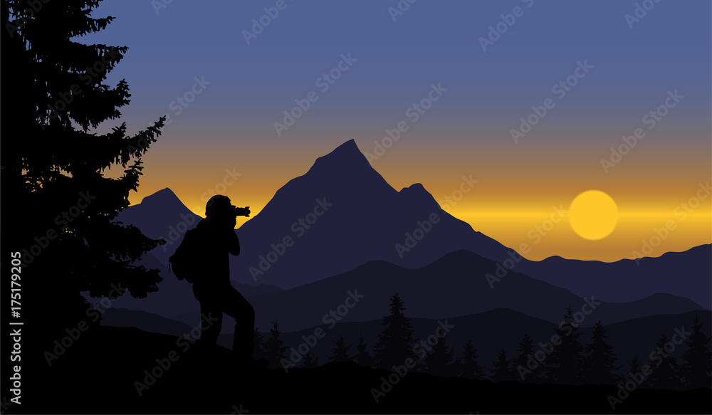 A view of a panoramic mountain landscape with forest and trees, standing man strolling rising sun on blue sky - vector