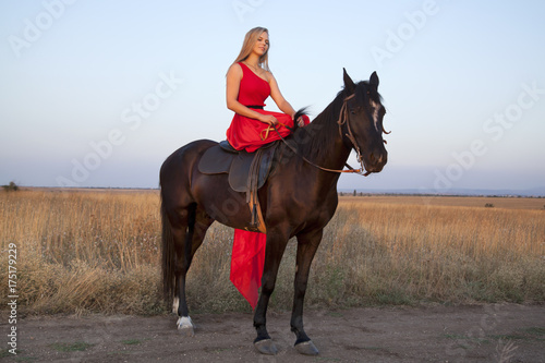Young girl and stallion in a field on a blue sky background. The blonde in long silk dress gently looks at the horse