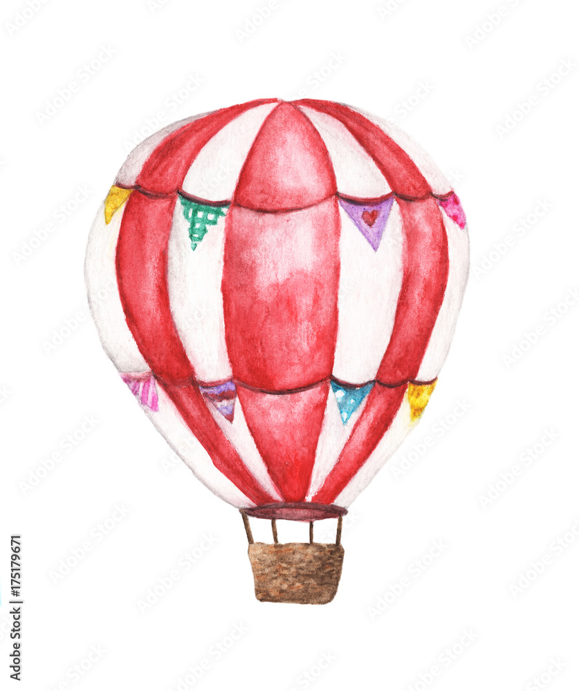 Obraz premium Watercolor hot air balloon illustrations isolated on white background. Hand drawn vintage air balloon flying in the sky.