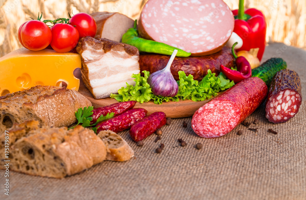 Meat products.Smoked ham,sausage,bacon,vegetables