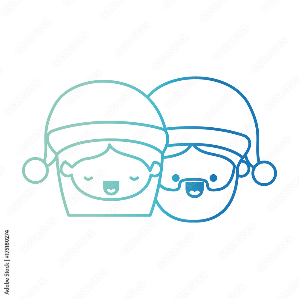 santa claus couple cartoon faces woman eyes closed and man happiness on gradient color silhouette from blue to purple santa claus couple cartoon faces woman eyes closed and man happiness on gradient color silhouette from blue to purple