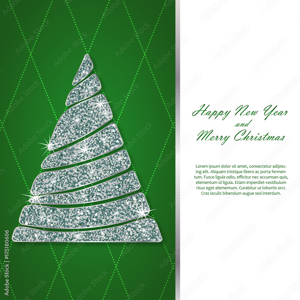 Naklejka premium Christmas and New year card template. Silver fir. Wavy sparkling abstract christmas tree with shining snowflakes or stars on geometric background