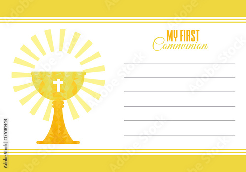 my first communion card. Golden polygonal chalice. space for text