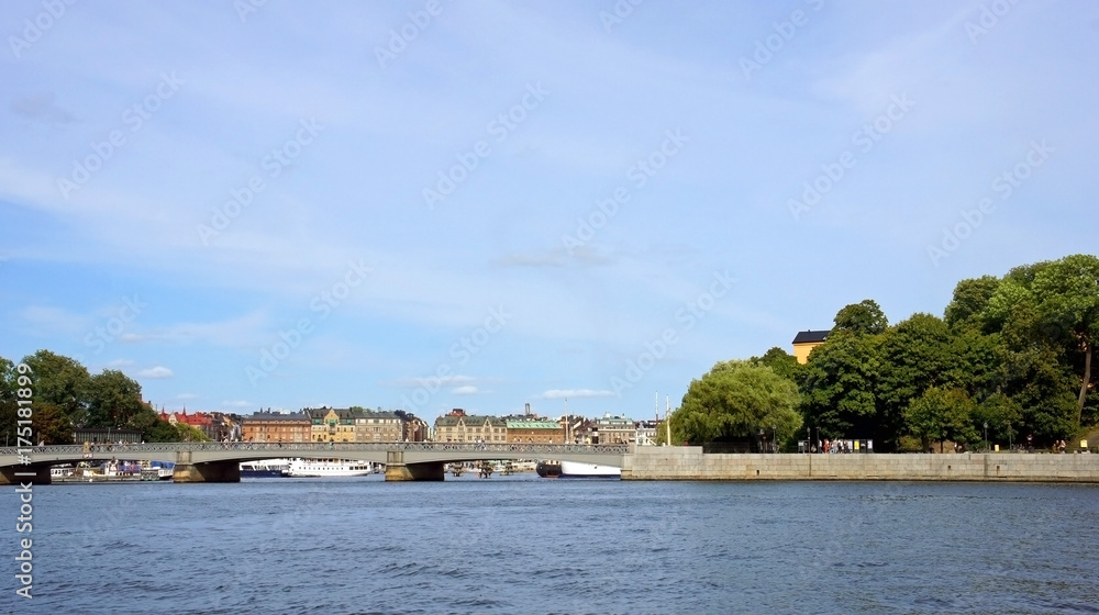 Scenic view of the city from the boat, sunny day, Stockholm, Sweden