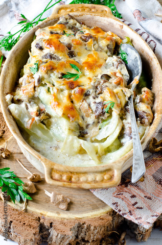Casserole from cabbage with mushrooms