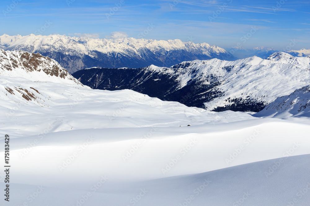Mountain panorama with snow and blue sky in winter in Stubai Alps, Austria