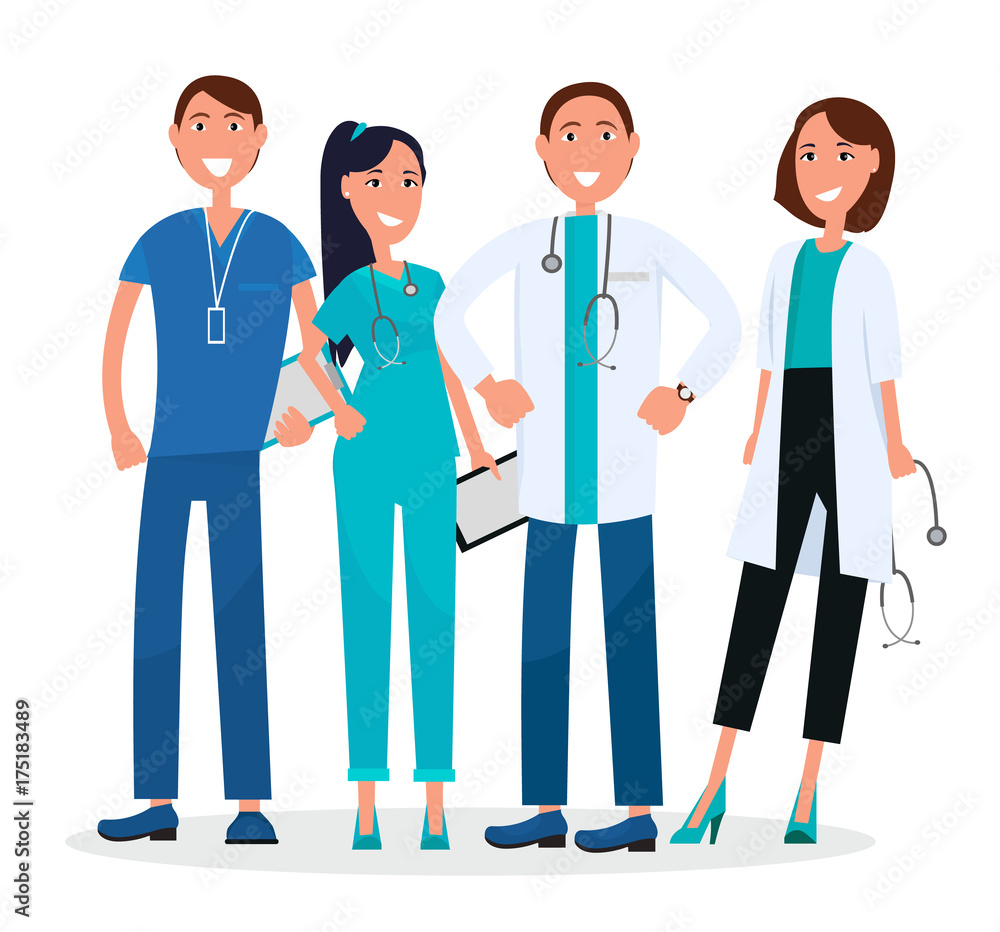 Four Medical Workers Standing and Smiling Graphic Four Medical Workers Standing and Smiling Graphic