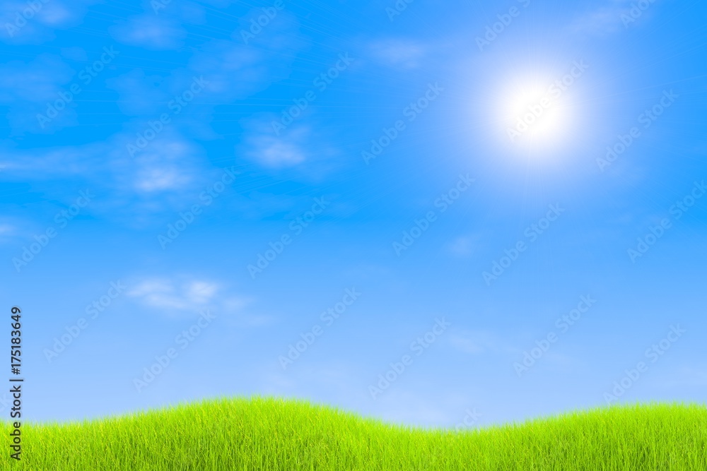 Green grass sun wave landscape background 3d illustration