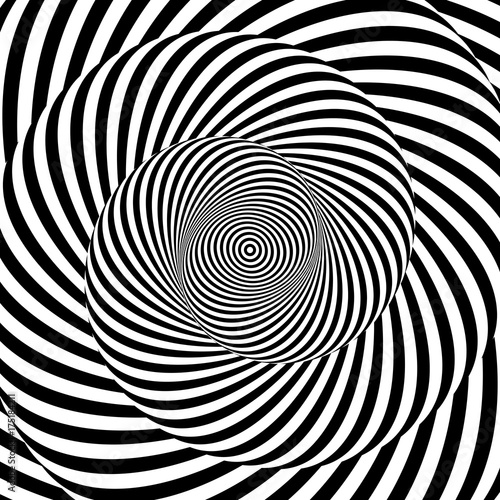 Monochrome hypnotic psychedelic spiral. Modern vector illustration with optical illusion. Twisted striped round shape. Magical decorative background. Element of design.