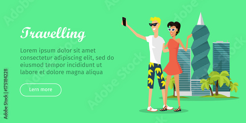 Travelling banner in flat style. People make selfie