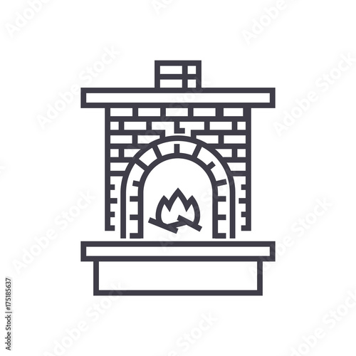 masonry heater,fireplace with brick chimney with fire vector line icon, sign, illustration on white background, editable strokes