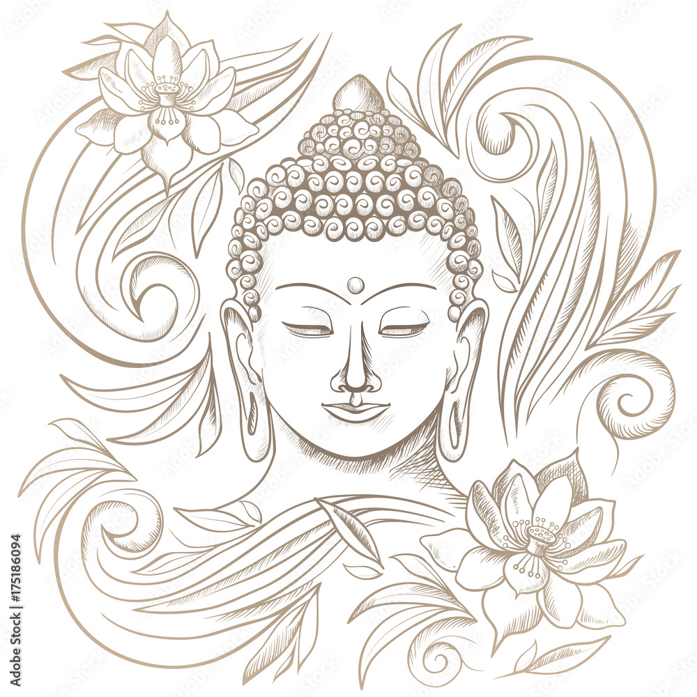 Gautama buddha with closed eyes and floral pattern vector illustration