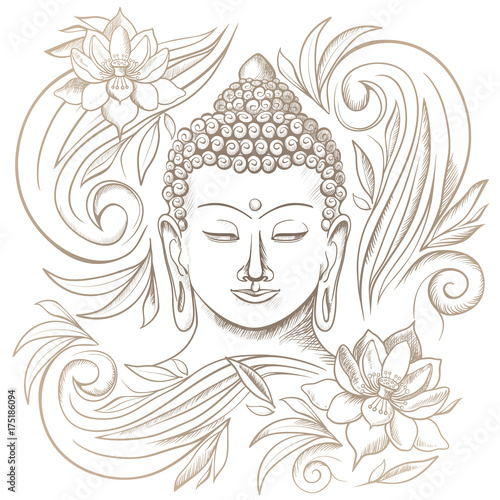 Gautama buddha with closed eyes and floral pattern vector illustration