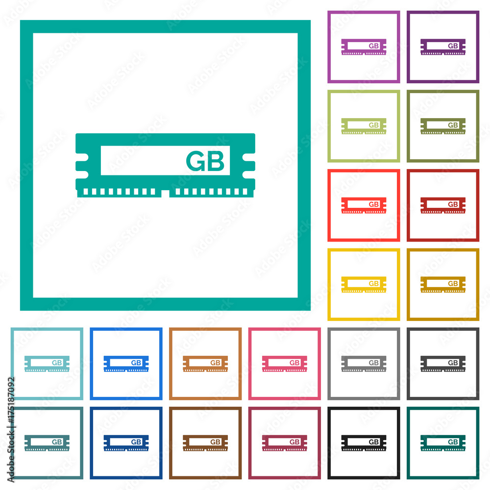 RAM module flat color icons with quadrant frames