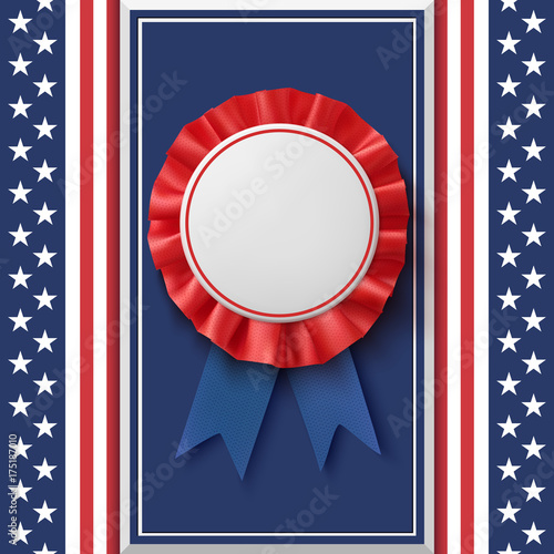 Blank badge. Patriotic award ribbon on abstract background.