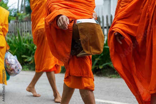 Buddhist monks collect alms in Luang Prabang, Laos