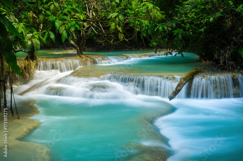 Turquoise water of Kuang Si waterfall in Luang Prabang, Laos