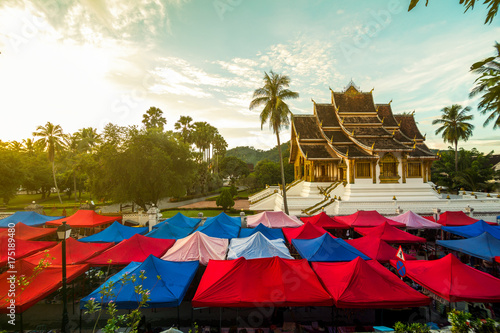 The night market and Haw Pha Bang temple in Luang Prabang, Laos