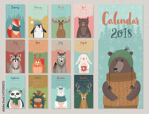 Cute monthly calendar with forest animals.