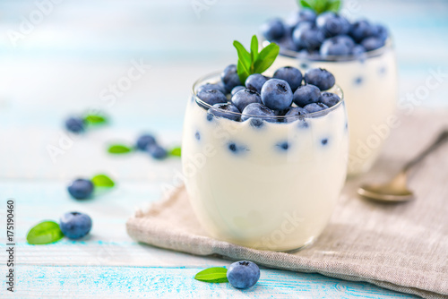 Healthy breakfast of yogurt and  blueberries