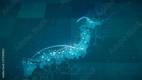 This animated blue Japan map with connections between important centers of cities or other indicators. Perfect For: hi-tech promotion, dynamic slideshows,, trailers, sci-fi openers and etc.