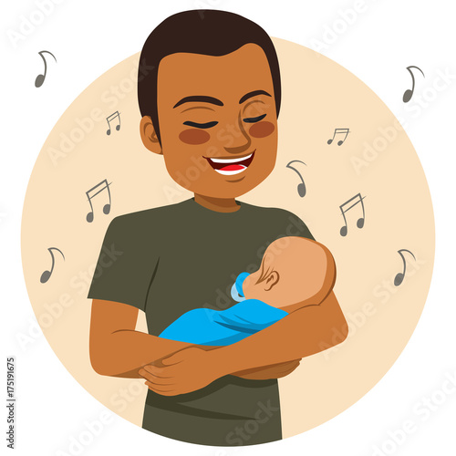 Young happy African American father rocking and singing sleeping baby lullaby