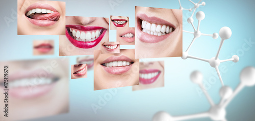 Photos Collage of healthy teeth with big molecule chain.