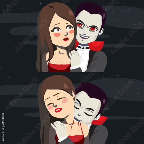 Male vampire biting beautiful innocent woman on Halloween night