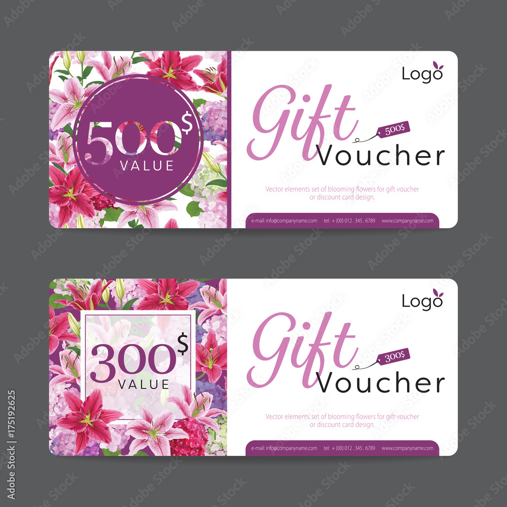 Gift voucher template value 500$ and 300$. Elements set of blooming colorful lilies and hydrangea flowers background for business, flower shop, spa, hotel resort, vector illustration design. Gift voucher template value 500$ and 300$. Elements set of blooming colorful lilies and hydrangea flowers background for business, flower shop, spa, hotel resort, vector illustration design.