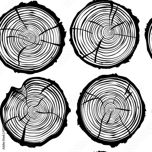 Black and white tree rings as  seamless pattern. Vector background