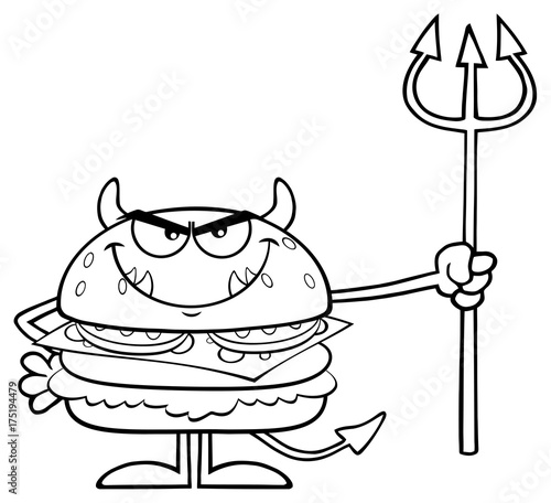 Black And White Angry Devil Burger Cartoon Character Holding A Trident