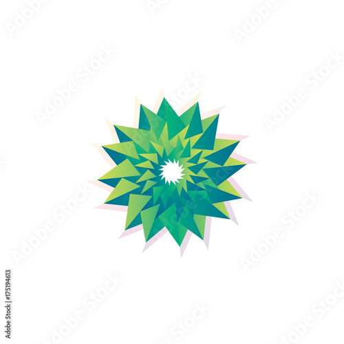 flower sign logo. sun shine ornament. 3d style purple object with blue green gradient background. Vector template.