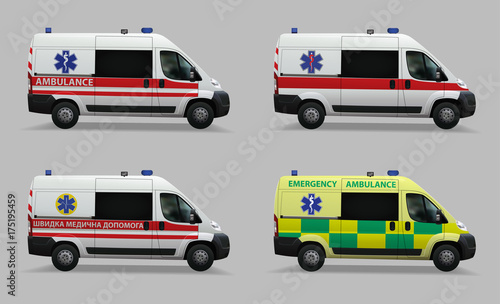 Emergency ambulance set. Special medical vehicles. Design of different countries of the world. Realistic image. Vector illustrations