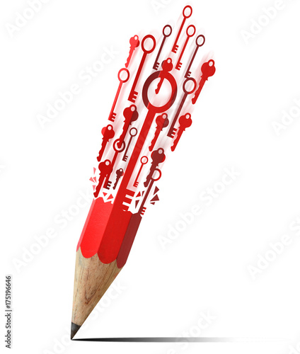 creative pencil with red key isolate on white photo