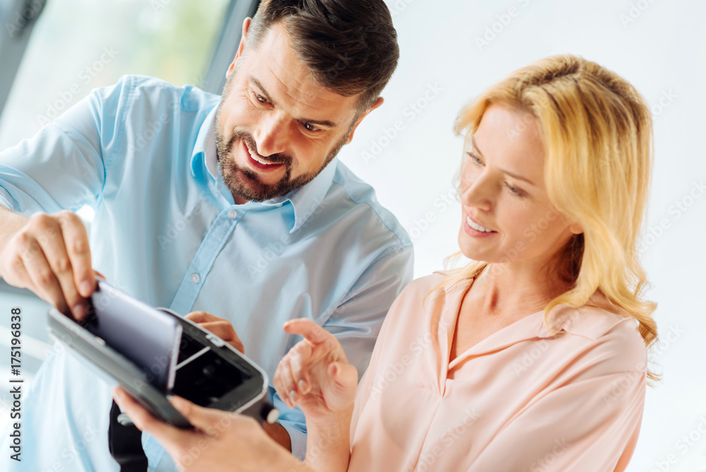 Enigmatical woman looking at special glasses Enigmatical woman looking at special glasses