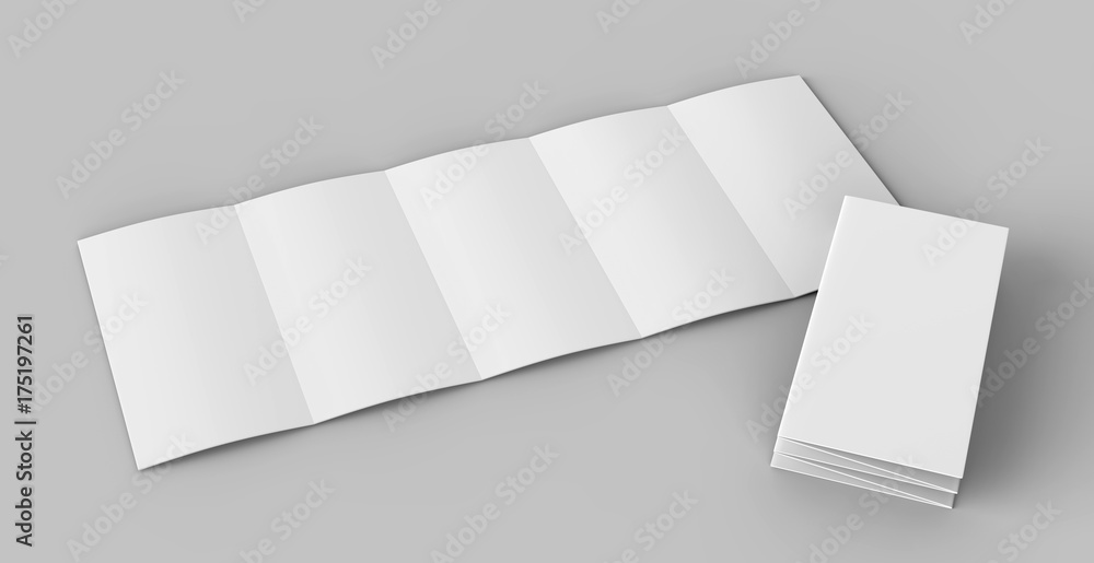 Accordion fold brochure, ten page leaflet, concertina fold. blank white 3d render illustration. - obrazy, fototapety, plakaty 