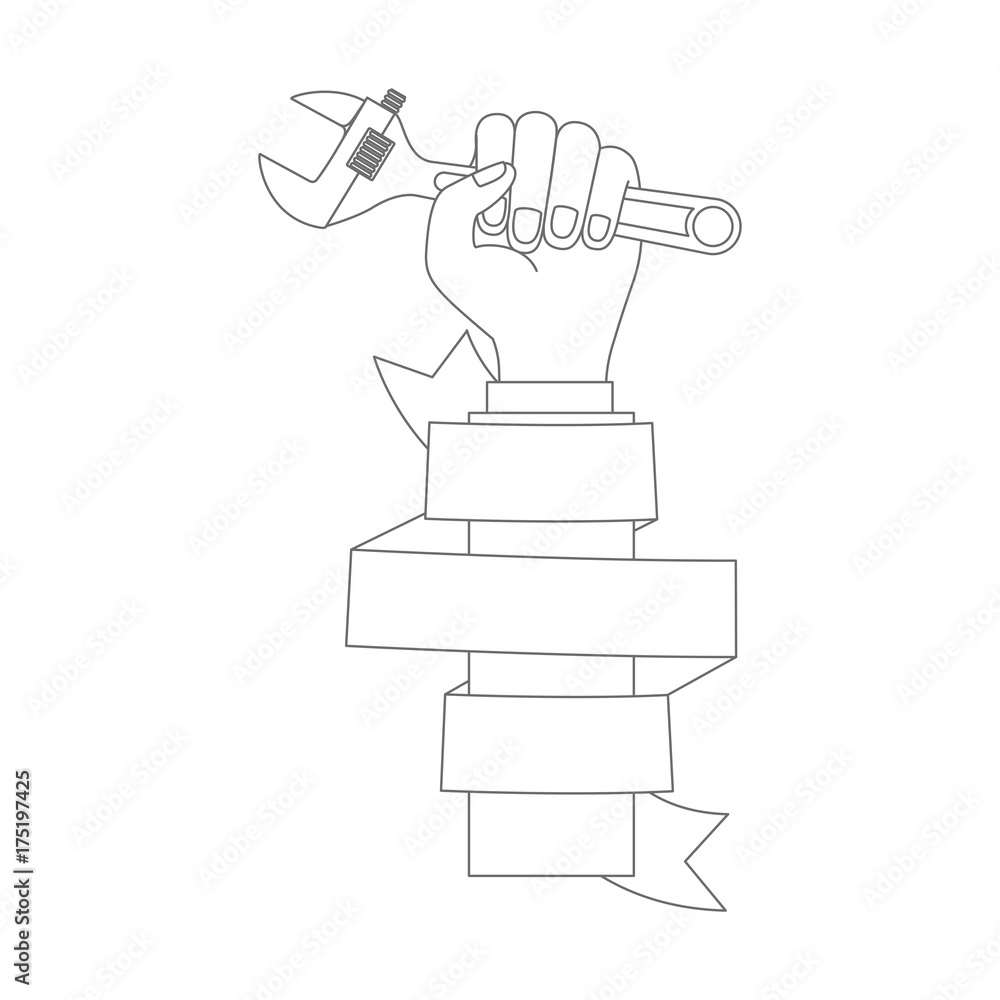 hand holding adjustable wrench with decorative ribbon around of arm monochrome silhouette hand holding adjustable wrench with decorative ribbon around of arm monochrome silhouette