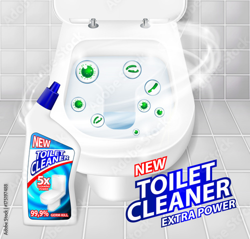 Toilet cleaner gel banner ads. Realistic clean shiny toilet bowl top view with disinfectant container. Vector Illustration