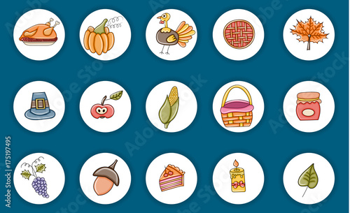 Thanksgiving objects and characters. Doodle icon stickers. Print out vector illustration.