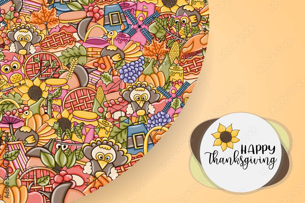 Happy Thanksgiving greeting card. Doodle background with typography. Vector illustration.
