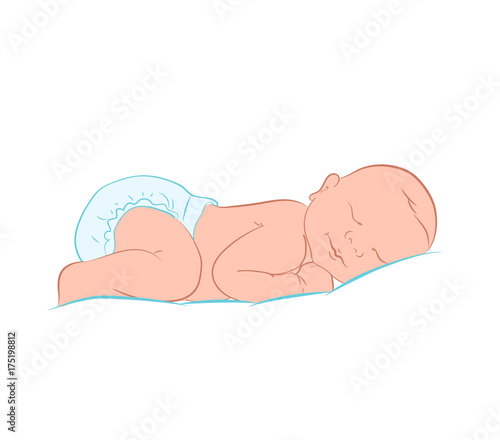 Newborn Little Baby Stylized Art. Lovely Newborn Baby Sleeping. Color Sketch, Hand Drawn. It's a Girl. Cute Sleeping Baby Drawing. Simple Cartoon Vector Illustration.