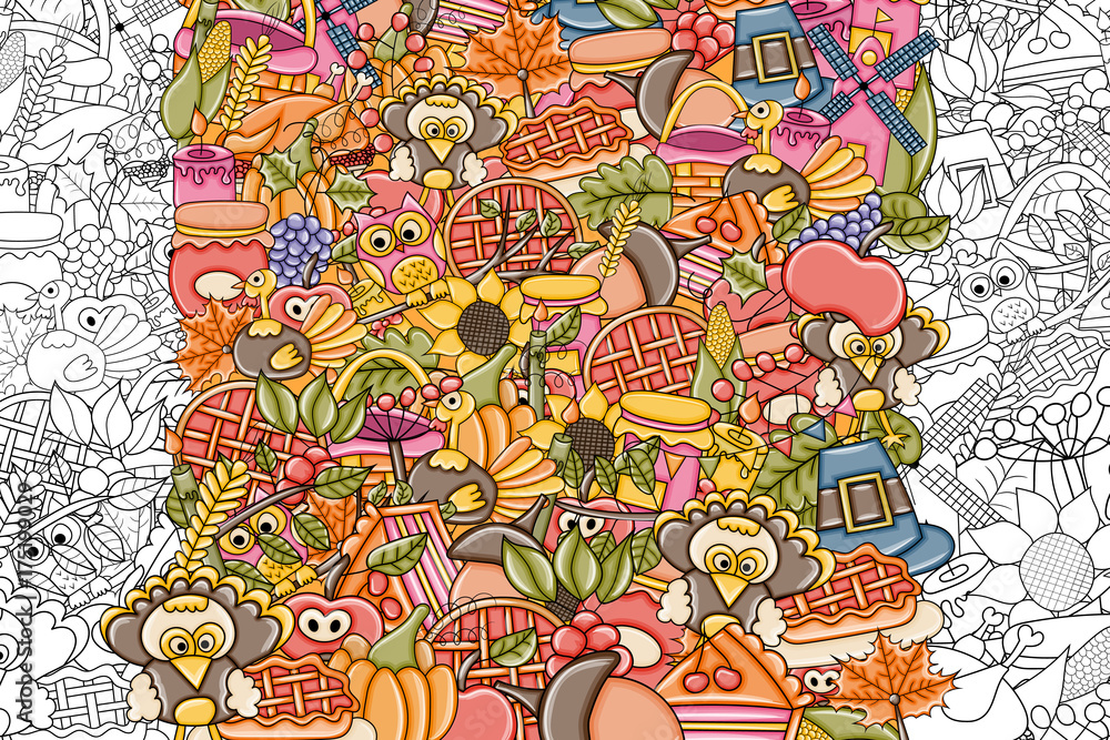 Fototapeta premium Thanksgiving doodle background. Black and white coloring page game. Vector illustration.