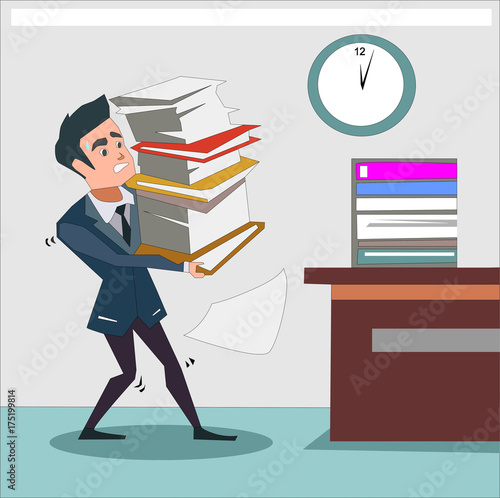 Unhappy businessman carries pile of heavy documents, folders and papers. Paperwork, burden, stress, overwork, reports, finance, business, accounting concept illustration vector.
