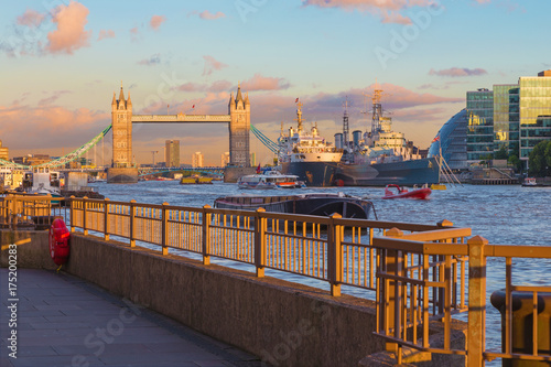 London - The Tower bridge and riverside in evening light.