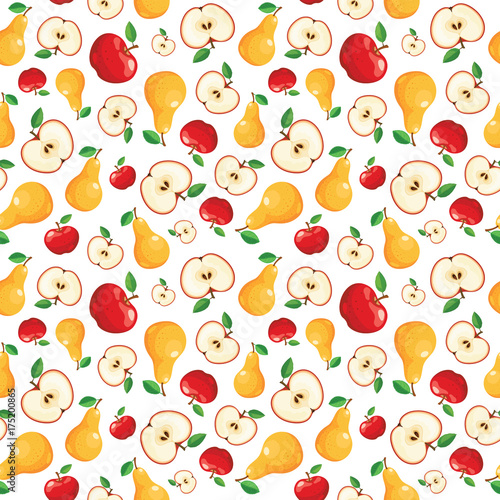 Fototapeta Naklejka Na Ścianę i Meble -  Seamless fruits pattern isolated on white. Apples and pears haotically arranged. Tiled kitchen background from fresh fruits.